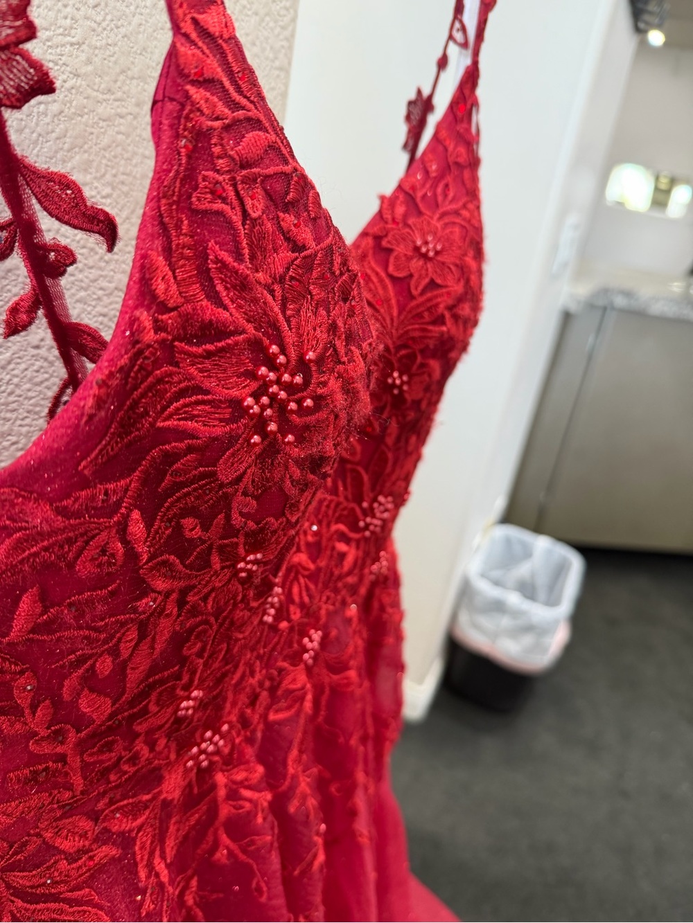 Elegant Red Embroidered V-Neck Evening Gown - Picture 8 of 8